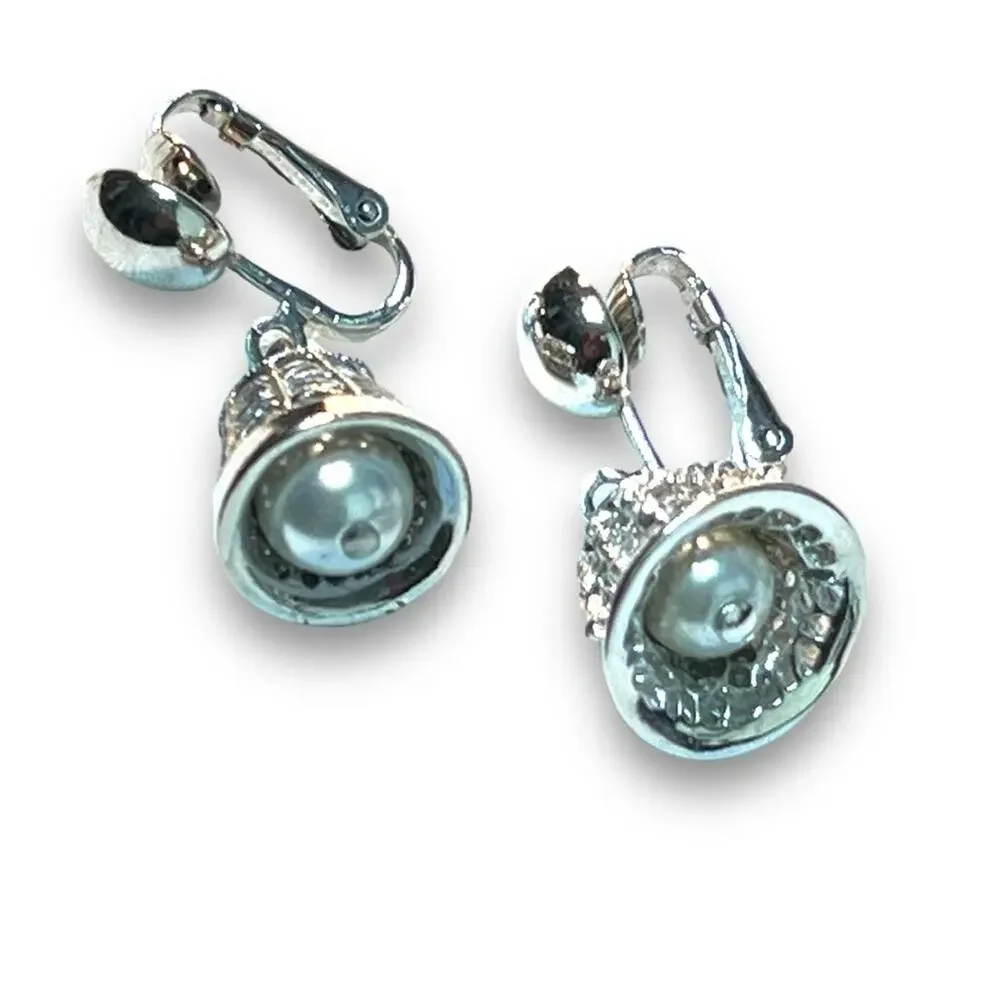 JUDY LEE VINTAGE 1950 MID CENTURY FAUX SILVER BELLS WITH FAUX PEARL EARRINGS